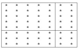 7 kolonner og 8 rader med stjerner. En loddrett strek etter femte kolonne og en vannrett strek etter femte rad.